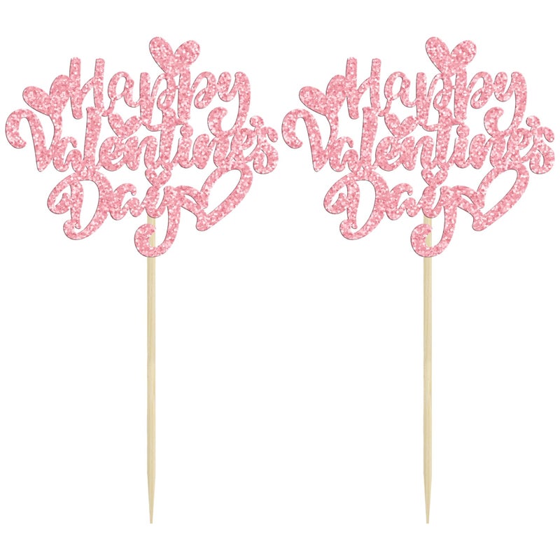 Ephlyn 24Pcs Happy Valentine's Day Cupcake Toppers Glitter Heart Cupcake Pick Decorations Valentine Cupcake Topper for Happy Valentine's Day Birthday Party Cake Decorations Supplies Pink - Image 3