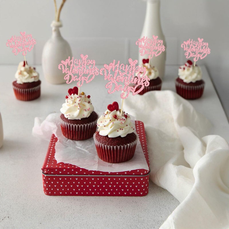 Ephlyn 24Pcs Happy Valentine's Day Cupcake Toppers Glitter Heart Cupcake Pick Decorations Valentine Cupcake Topper for Happy Valentine's Day Birthday Party Cake Decorations Supplies Pink - Image 4