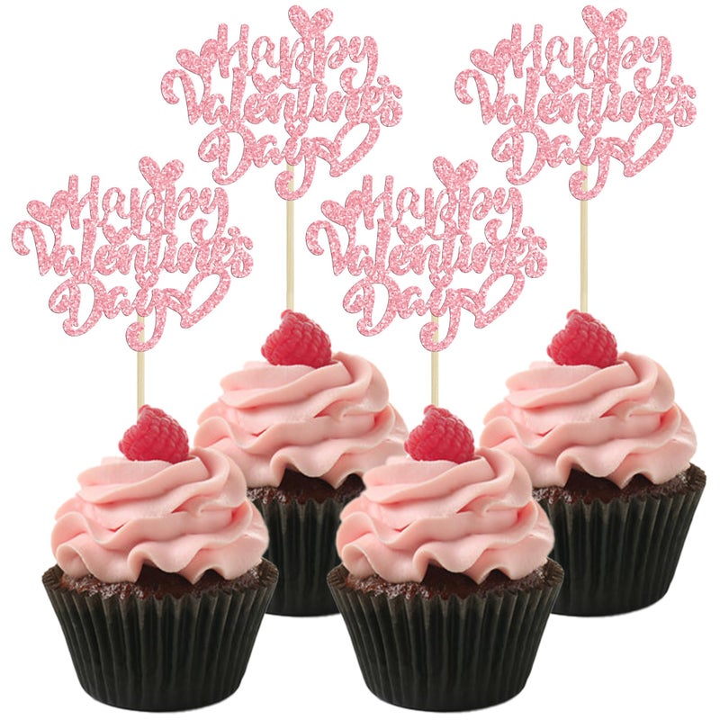 Ephlyn 24Pcs Happy Valentine's Day Cupcake Toppers Glitter Heart Cupcake Pick Decorations Valentine Cupcake Topper for Happy Valentine's Day Birthday Party Cake Decorations Supplies Pink - Image 1