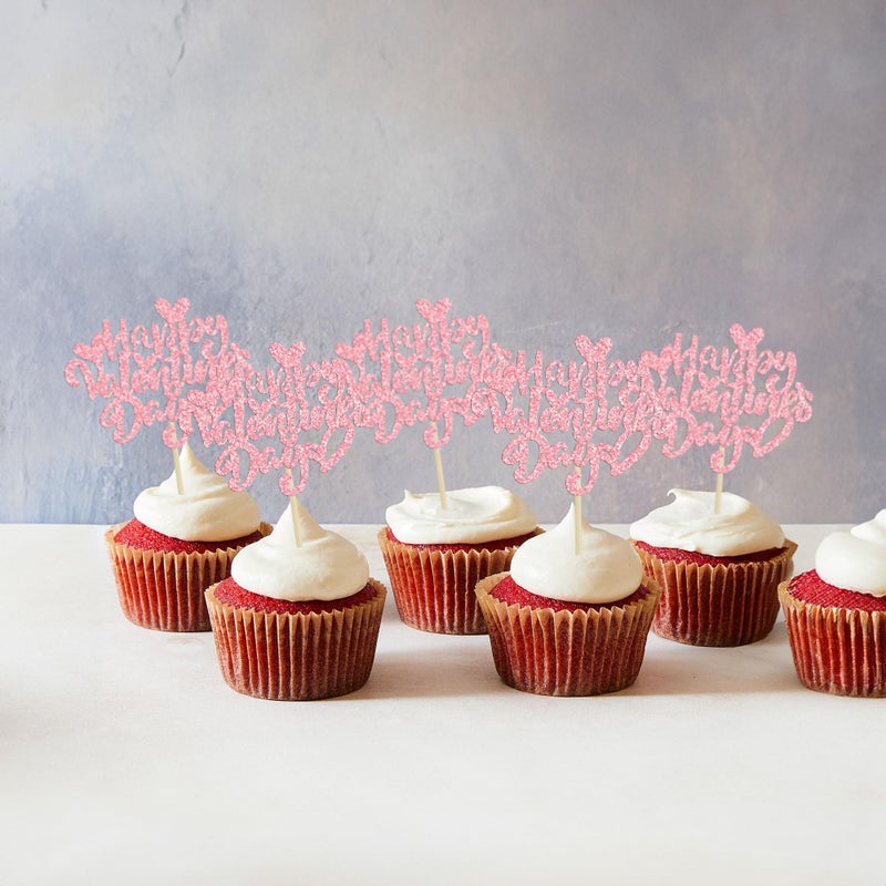 Ephlyn 24Pcs Happy Valentine's Day Cupcake Toppers Glitter Heart Cupcake Pick Decorations Valentine Cupcake Topper for Happy Valentine's Day Birthday Party Cake Decorations Supplies Pink - Image 5