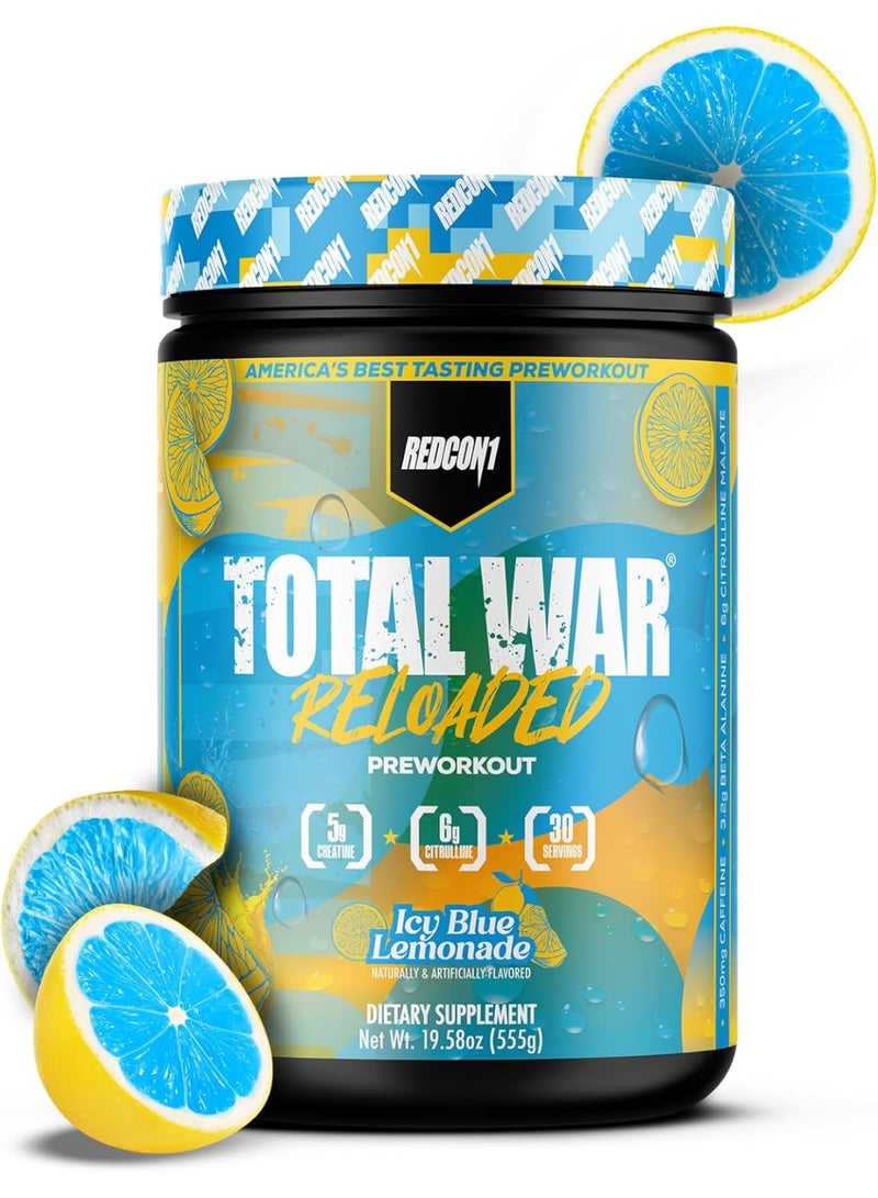 REDCON1 Total War Reloaded Pre Workout Powder, Icey Blue Lemonade - Creatine, Beta Alanine + L-Citrulline Malate Keto Friendly for Men & Women with 350mg of Caffeine - Fast Acting (30 Servings) - Image 1