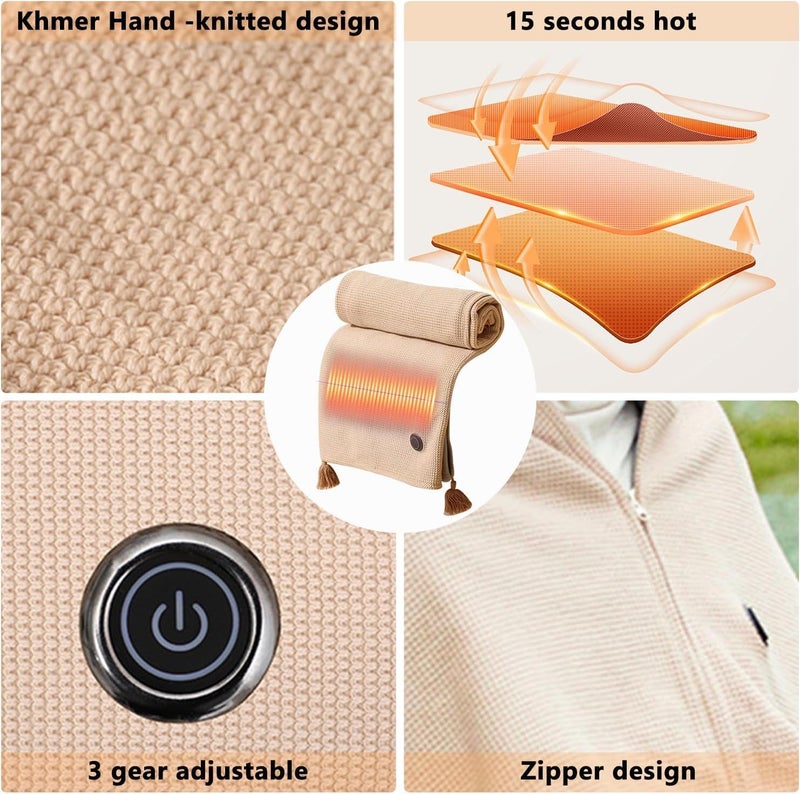 SCIENISH Portable Heated Shawl, USB Heated Wraps Blanket with 3 Heating Levels, Wireless Wearable Electric Heating Blanket for Women Men, Fast Heating,Electric Blanket Shaw (Apricot) - Image 3