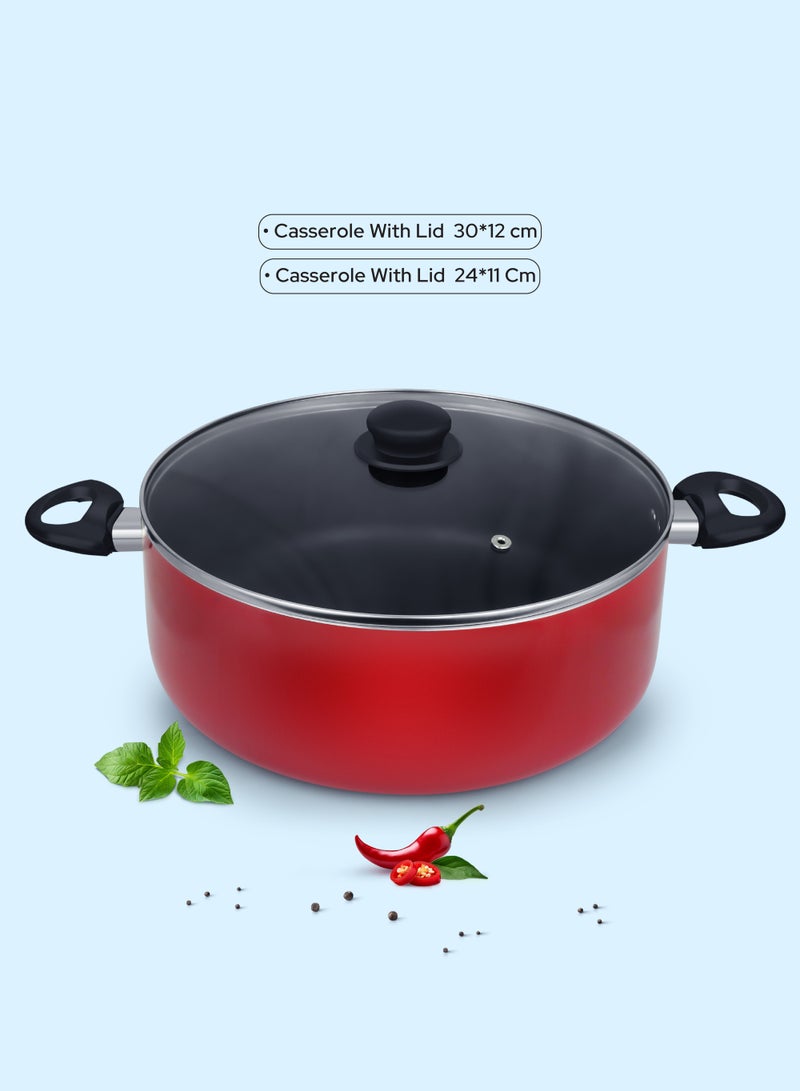 DELICI 12 Piece Nonstick Cookware Set With Glass Lids And 3 Nylon Spatula, PFOA Free-High Temperature Resistant Exterior Coating - Casserole in 1x30cm and 1x24cm, Kadai pan 1x24cm, 1x24cm Frypan, 1x18cm Milkpan, Nylon Spatulas and Lid - ACS12M  - Image 4