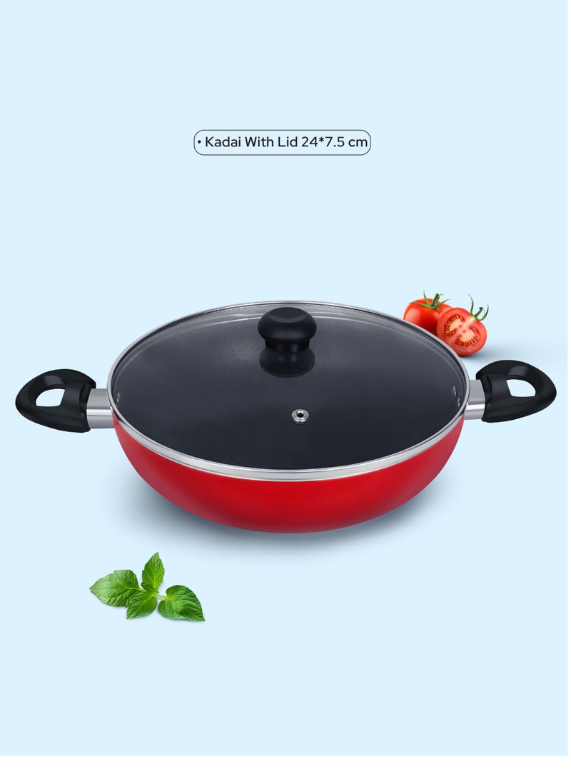 DELICI 12 Piece Nonstick Cookware Set With Glass Lids And 3 Nylon Spatula, PFOA Free-High Temperature Resistant Exterior Coating - Casserole in 1x30cm and 1x24cm, Kadai pan 1x24cm, 1x24cm Frypan, 1x18cm Milkpan, Nylon Spatulas and Lid - ACS12M  - Image 5