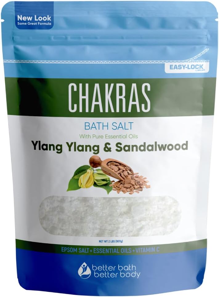 Better Bath Better Body Chakras Bath Salt 32 Ounces Epsom Salt with Natural Ylang Ylang Sandalwood Eucalyptus Frankincense Chamomile and Cinnamon Essential Oils Plus Vitamin C in BPA Free Pouch with Easy PressLock Seal 