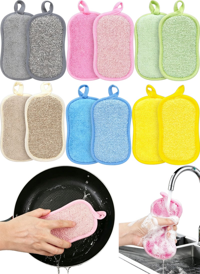 LuckSa Dish Sponge 12 Pack, Microfiber Kitchen Sponges for Cleaning, Non Scratch Microfiber Sponges for Washing Dishes, Double-Sided Scrub Sponge for Pots, Pans, Glass (6 Colors) - Image 1