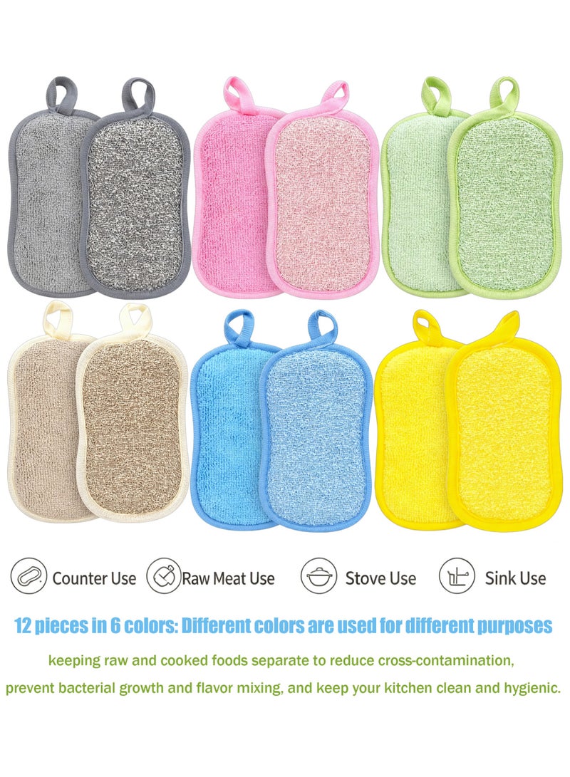 LuckSa Dish Sponge 12 Pack, Microfiber Kitchen Sponges for Cleaning, Non Scratch Microfiber Sponges for Washing Dishes, Double-Sided Scrub Sponge for Pots, Pans, Glass (6 Colors) - Image 2