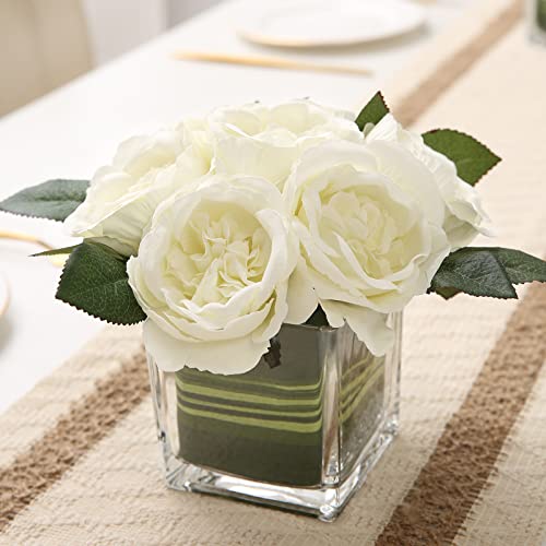 GreenHouzz Artificial Peony Silk Flower Centerpieces Faux Floral Arrangement in Glass Vase for Home Wedding Table Decoration (Cream) - Image 1