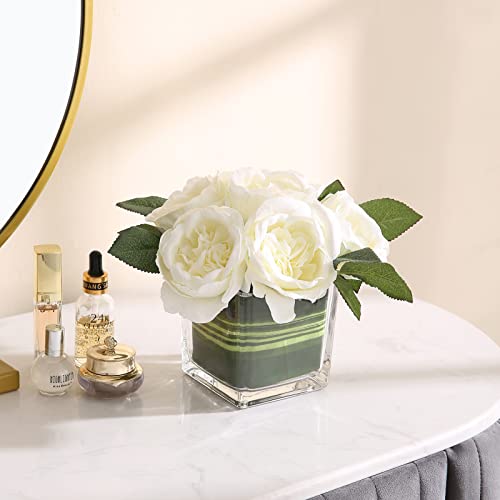 GreenHouzz Artificial Peony Silk Flower Centerpieces Faux Floral Arrangement in Glass Vase for Home Wedding Table Decoration (Cream) - Image 3