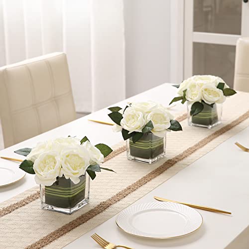 GreenHouzz Artificial Peony Silk Flower Centerpieces Faux Floral Arrangement in Glass Vase for Home Wedding Table Decoration (Cream) - Image 2