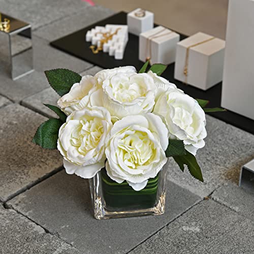 GreenHouzz Artificial Peony Silk Flower Centerpieces Faux Floral Arrangement in Glass Vase for Home Wedding Table Decoration (Cream) - Image 4