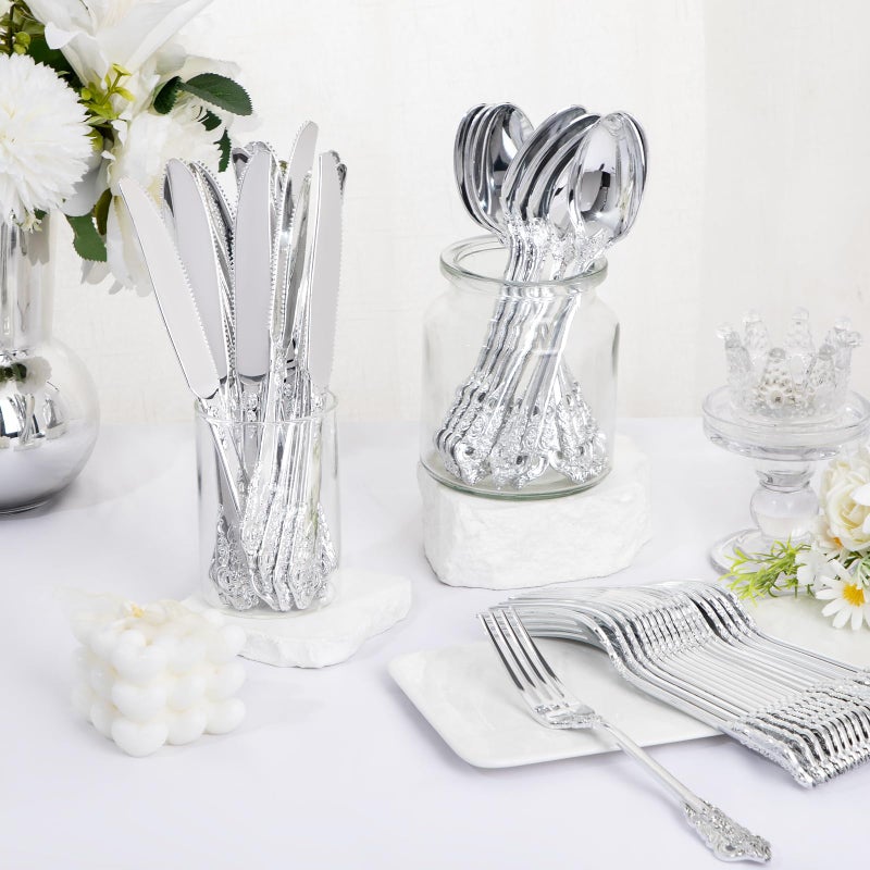 WDF 120PCS Silver Plastic Silverware - Heavy Duty Silver Plastic Cutlery Set - 40 Silver Forks  40 Silver Spoons  40 Silver Knives  Perfect for Parties/Weeding - Image 1