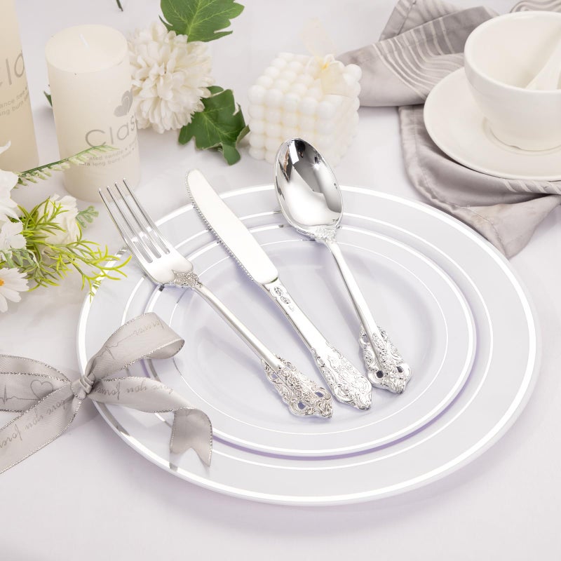 WDF 120PCS Silver Plastic Silverware - Heavy Duty Silver Plastic Cutlery Set - 40 Silver Forks  40 Silver Spoons  40 Silver Knives  Perfect for Parties/Weeding - Image 4
