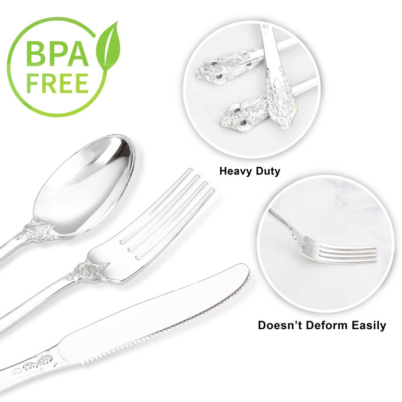 WDF 120PCS Silver Plastic Silverware - Heavy Duty Silver Plastic Cutlery Set - 40 Silver Forks  40 Silver Spoons  40 Silver Knives  Perfect for Parties/Weeding - Image 2