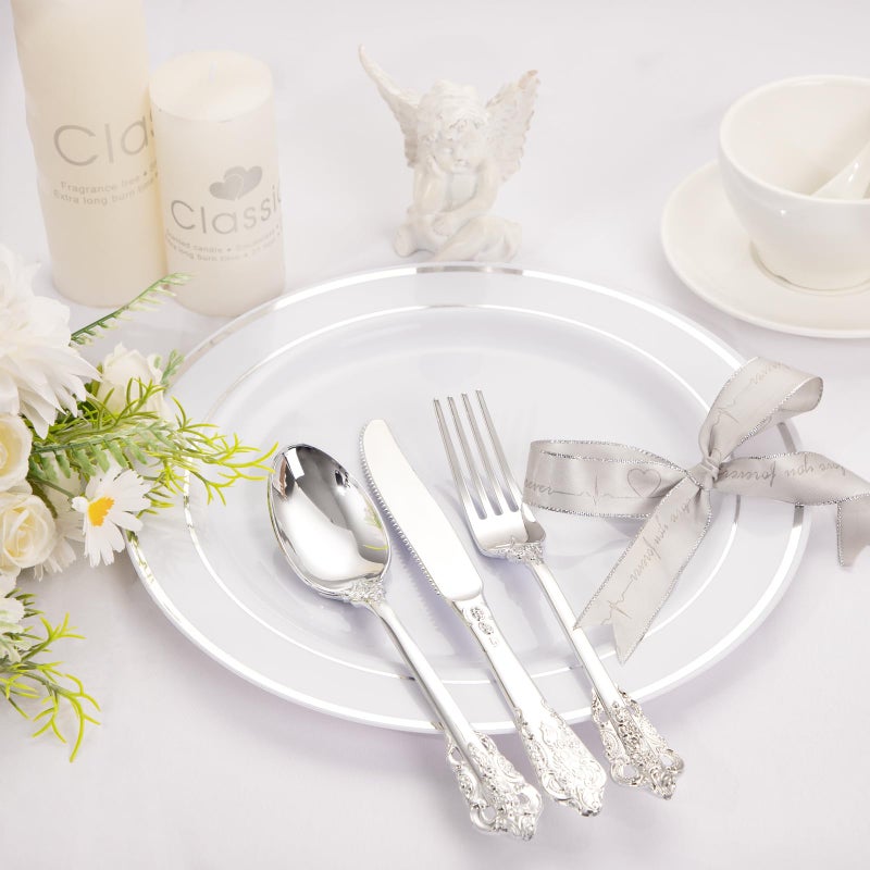 WDF 120PCS Silver Plastic Silverware - Heavy Duty Silver Plastic Cutlery Set - 40 Silver Forks  40 Silver Spoons  40 Silver Knives  Perfect for Parties/Weeding - Image 3