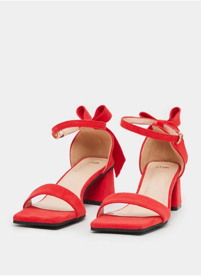Styli Back Bow Detail Ankle Strap Block Heel Sandals