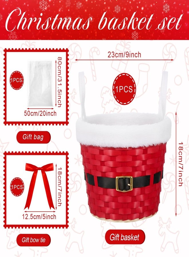 Threehoney Christmas Basket for Gifts Empty Christmas Santa Claus Woven Bamboo Basket with Xams Belt Bag and Bow Ribbon for Xmas Storage Gift Snack Skep with Handle 9"x7" - Image 2