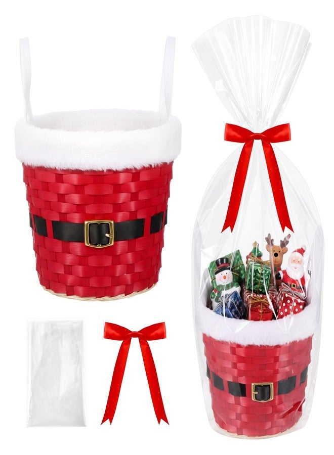 Threehoney Christmas Basket for Gifts Empty Christmas Santa Claus Woven Bamboo Basket with Xams Belt Bag and Bow Ribbon for Xmas Storage Gift Snack Skep with Handle 9"x7" - Image 1