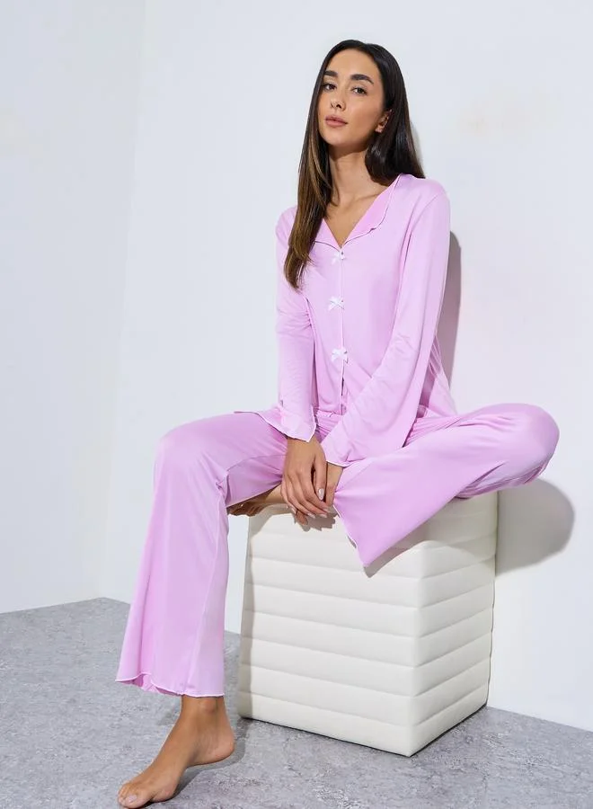 ستايلي Pink Contrast Trims Bow Detail Blouse and Pants Pyjama Set