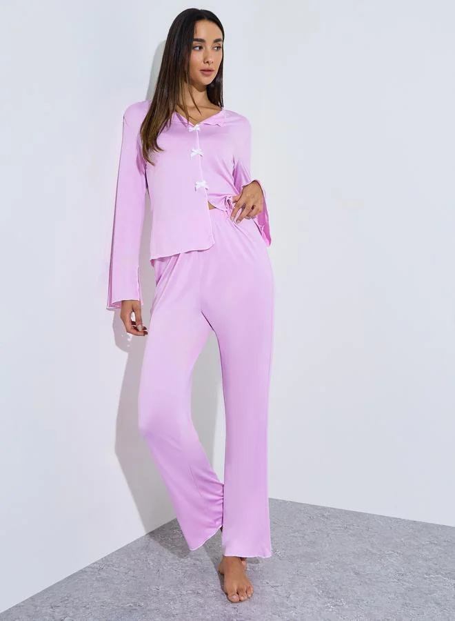 ستايلي Pink Contrast Trims Bow Detail Blouse and Pants Pyjama Set
