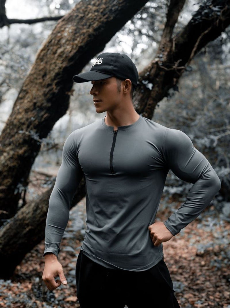 Mens T-shirt American Quick-drying Long-sleeved Fitness Running Training Stretch Autumn Fashion Sports Half-open Zipper Top Grey - Image 1
