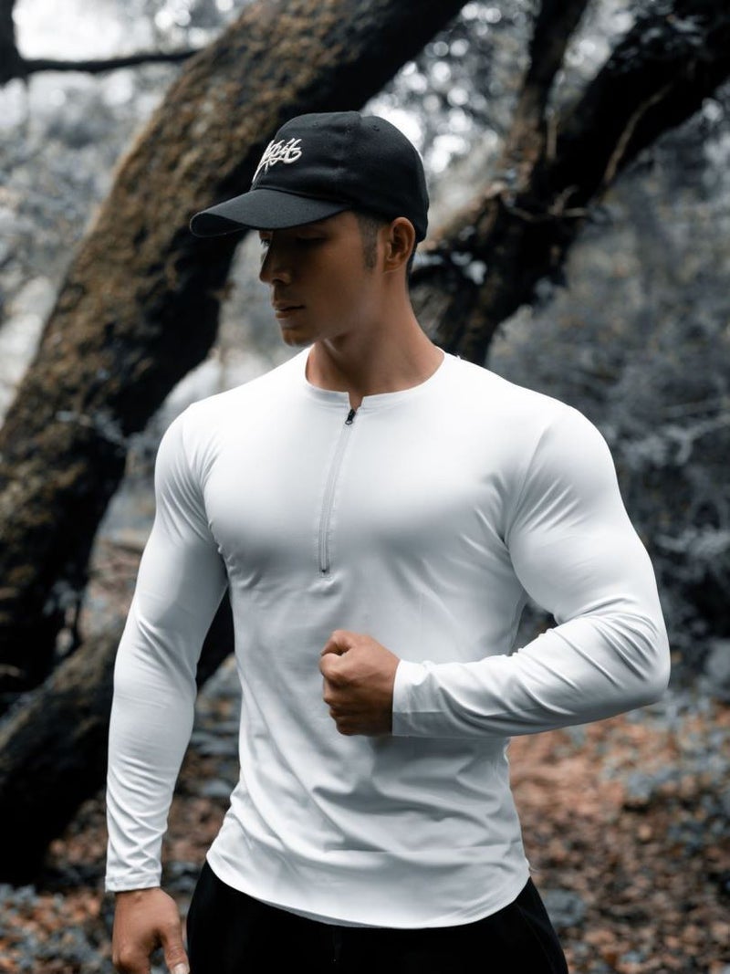 Mens T-shirt American Quick-drying Long-sleeved Fitness Running Training Stretch Autumn Fashion Sports Half-open Zipper Top Grey - Image 2