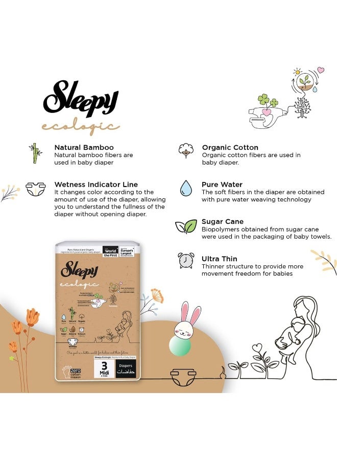 Sleepy عبوة من 112 حفاضات إيكولوجية حجم 3، مضادة للحساسية، نباتية، قابلة للتحلل، مستدامة، حفاضات مميزة مع لاصق عالي الامتصاص، حفاضات جافة عضوية للأطفال من 4-10 كجم، 100% مانعة للتسرب، 2 × 56 عدداً - Image 5
