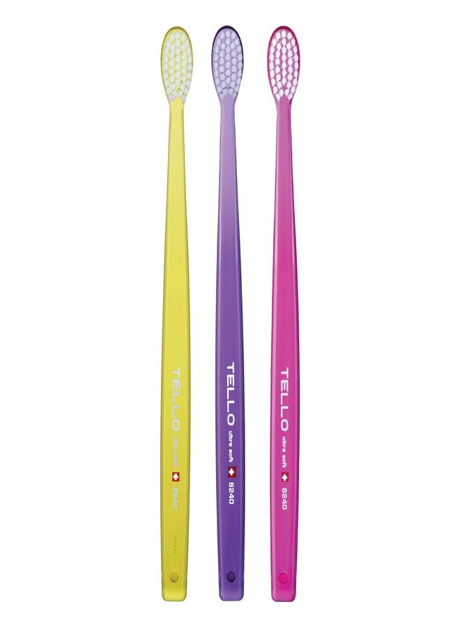 TELLO 6240 Adult Ultra Soft Swiss Toothbrush for Gentle Cleaning with Ergonomic Handle, Assorted Colors, 3 Count - Image 1