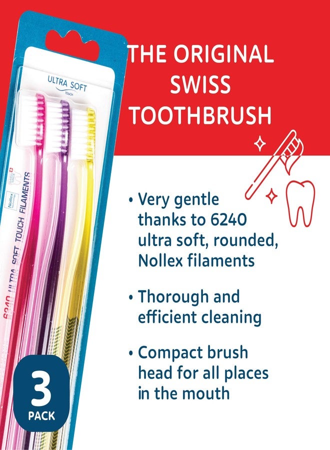 TELLO 6240 Adult Ultra Soft Swiss Toothbrush for Gentle Cleaning with Ergonomic Handle, Assorted Colors, 3 Count - Image 3