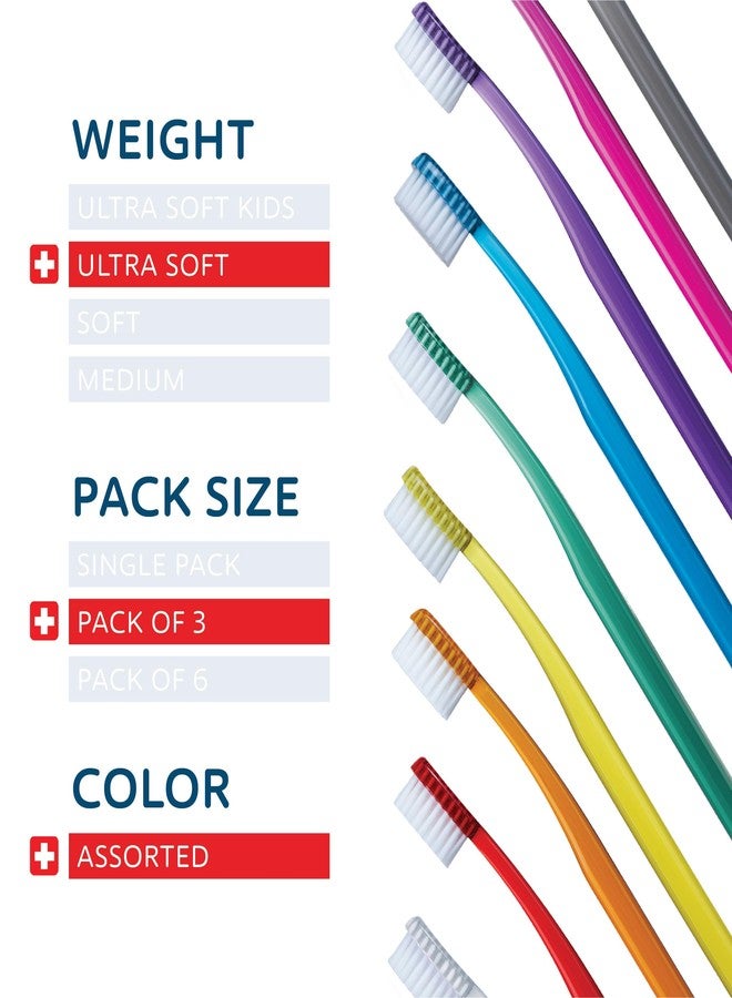 TELLO 6240 Adult Ultra Soft Swiss Toothbrush for Gentle Cleaning with Ergonomic Handle, Assorted Colors, 3 Count - Image 2