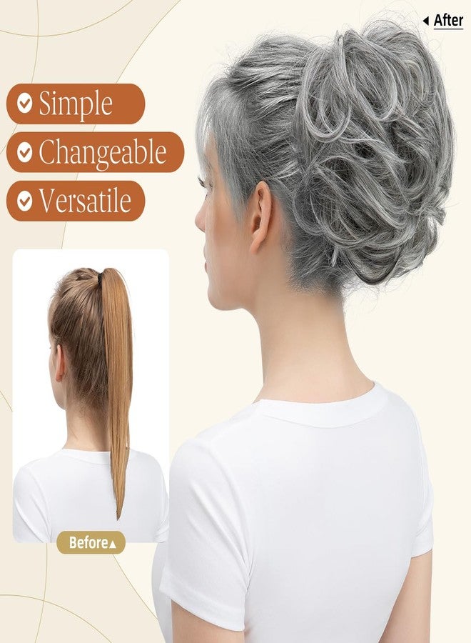 youngways Claw Clip Short Ponytail Messy Bun Hair Piece Bendable Hair Branch Extensions Fluffy Wavy Curly Synthetic Versatile Dark Grey Hairpieces - Image 2