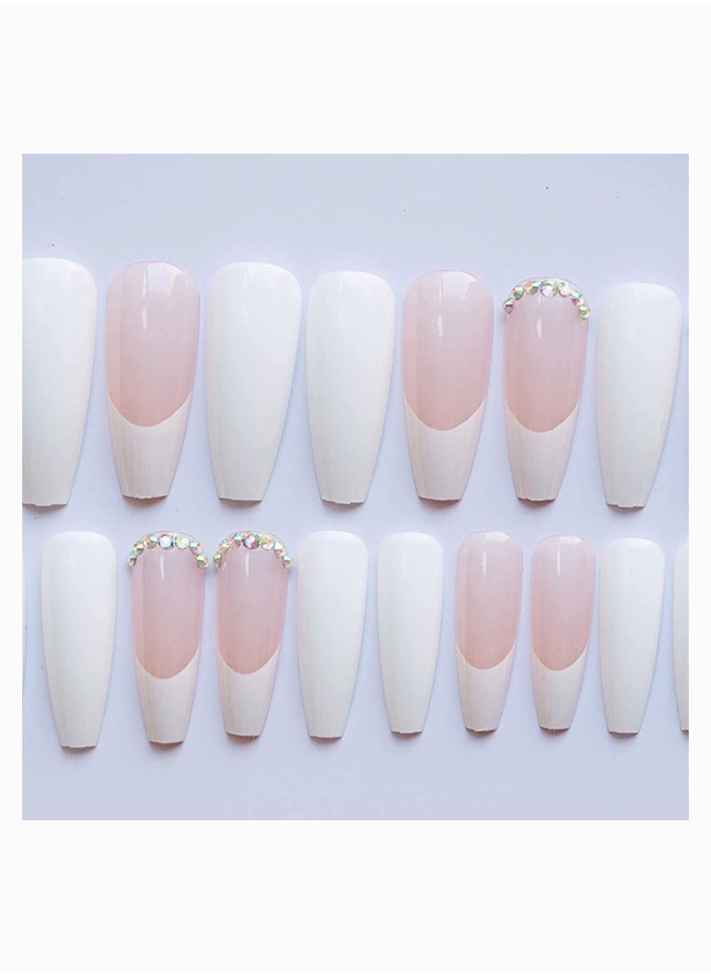 SYOSI Nail Tips, Press on Nails Long Fake Nais Acrylic Ballet French 3D Rhinestones 24 Pcs  - Image 2