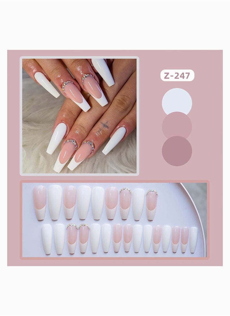 SYOSI Nail Tips, Press on Nails Long Fake Nais Acrylic Ballet French 3D Rhinestones 24 Pcs  - Image 4