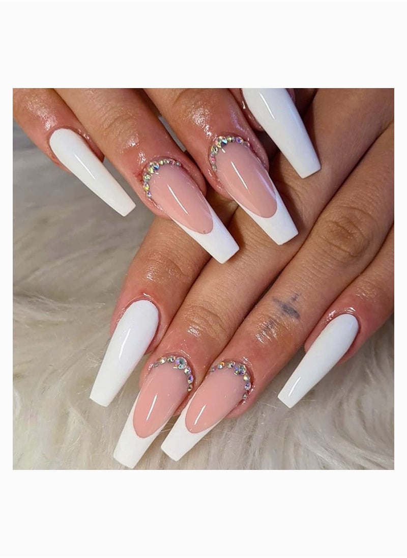 SYOSI Nail Tips, Press on Nails Long Fake Nais Acrylic Ballet French 3D Rhinestones 24 Pcs  - Image 1