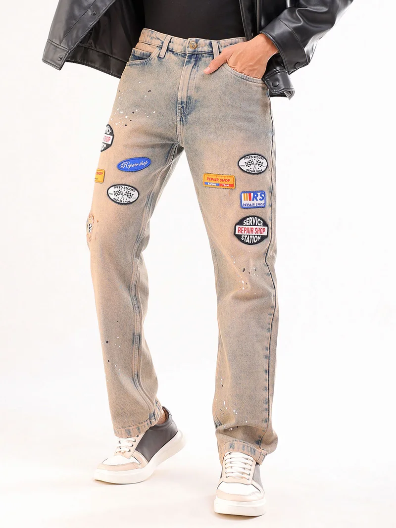Men Vintage Straight Fit Paint Splash Mid-Rise Jeans