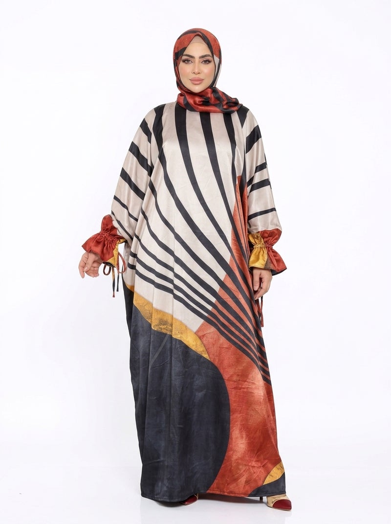 Multi Color - Women's Striped Abaya with Gradient Colors and Modern Design, Ribbon-Decorated Sleeves - Size 80-160 KG - Image 1