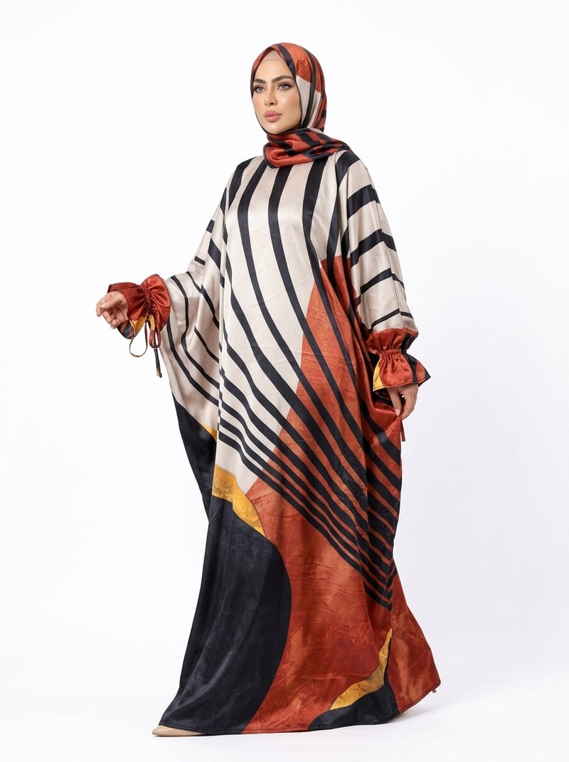 Multi Color - Women's Striped Abaya with Gradient Colors and Modern Design, Ribbon-Decorated Sleeves - Size 80-160 KG - Image 3