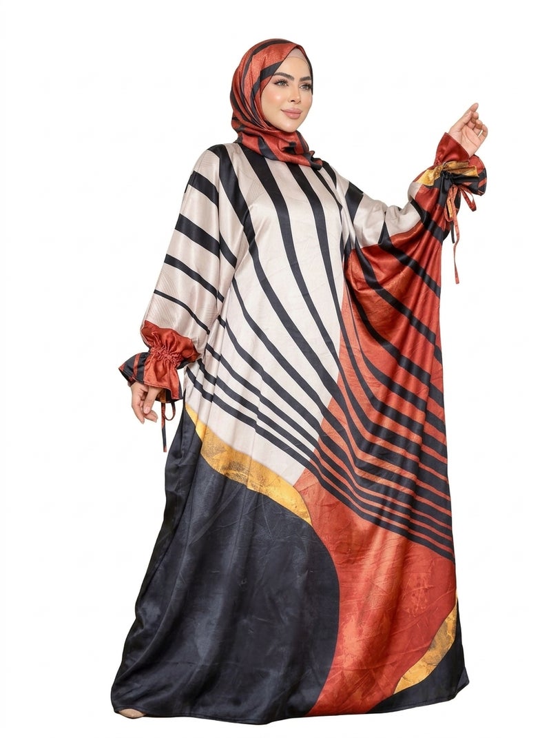 Multi Color - Women's Striped Abaya with Gradient Colors and Modern Design, Ribbon-Decorated Sleeves - Size 80-160 KG - Image 2