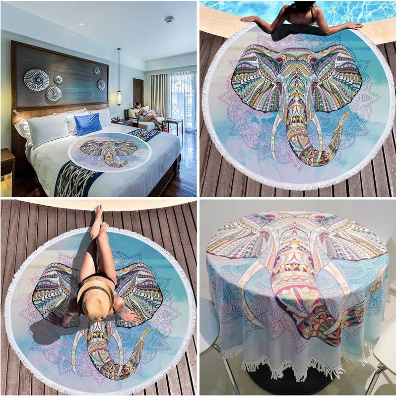 Violet Mist Round Roundie Unicorn Beach Towels Indian Mandala Boho Soft Microfiber Thick Tapestry Table Cloths Blankets Throw Picnic Yoga Mat Terry with Fringe Tassels 59 Inches (Elephant 2) - Image 1