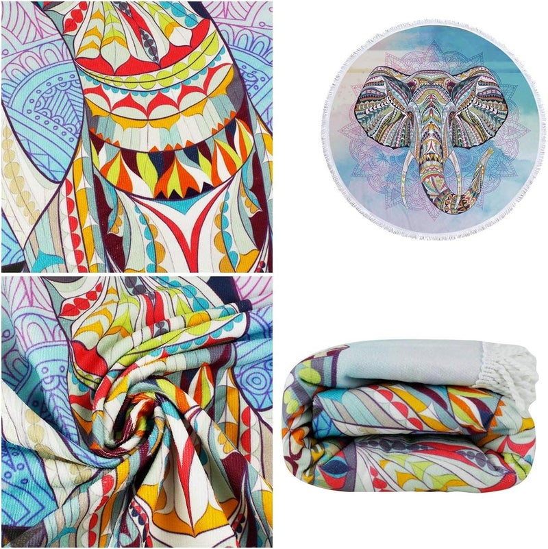 Violet Mist Round Roundie Unicorn Beach Towels Indian Mandala Boho Soft Microfiber Thick Tapestry Table Cloths Blankets Throw Picnic Yoga Mat Terry with Fringe Tassels 59 Inches (Elephant 2) - Image 4
