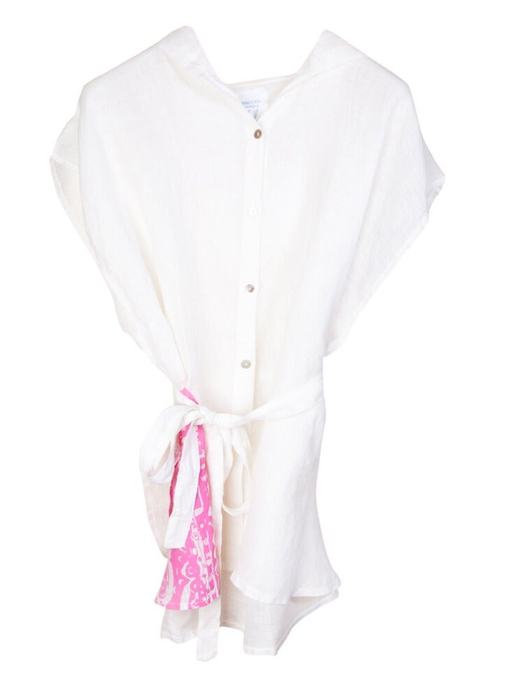 Biggdesign Hooded Beach Dress for Women, White Linen Material, Front Button Closure, Waist Tie, Hooded Top (L-XL), Made in Turkey  - Image 5