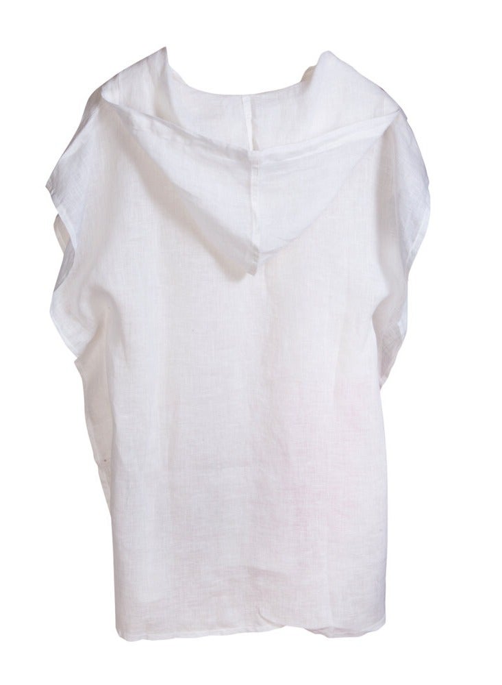 Biggdesign Hooded Beach Dress for Women, White Linen Material, Front Button Closure, Waist Tie, Hooded Top (L-XL), Made in Turkey  - Image 4