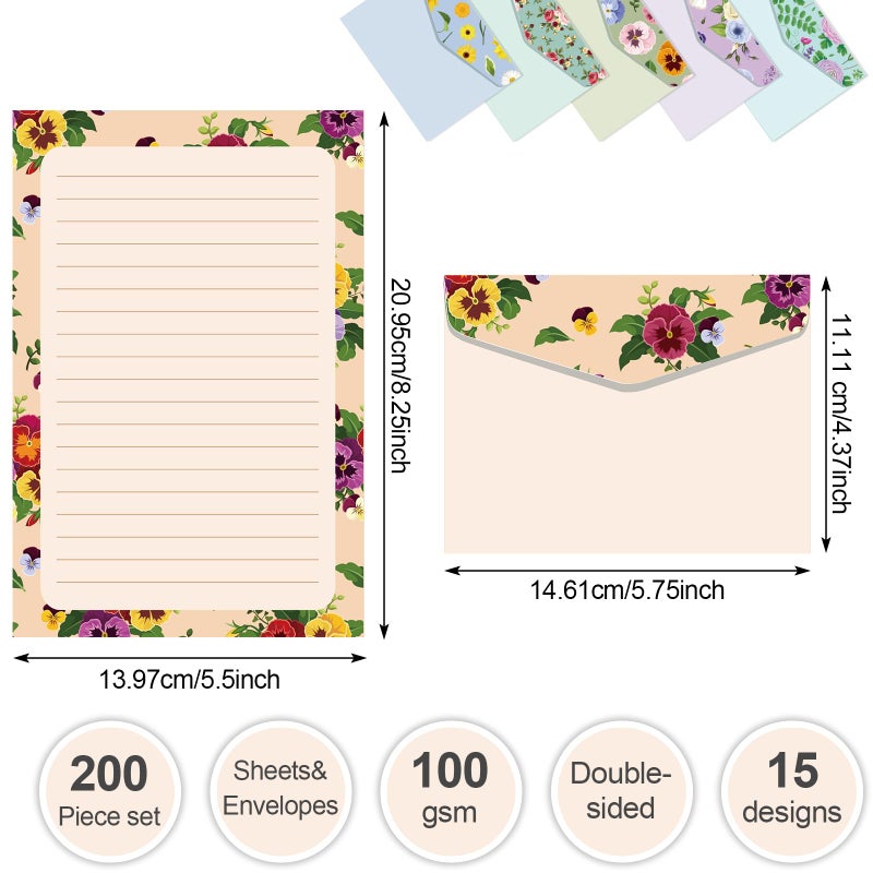 Geyee 200 Pieces Watercolor Stationary Paper and Envelopes Include 100 Lined Sheets and Envelopes, 5. 5 x 8. 25 Inch Double Sided Printing Letter Writing Paper with Mailers(Floral) - Image 2