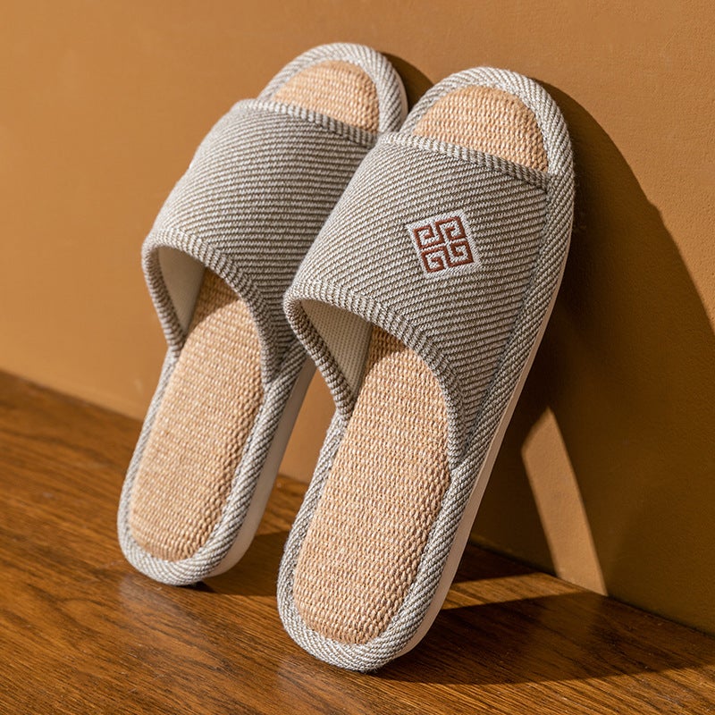 Linen Slippers Soft Sole Non-Slip Breathable for Couples Four Square Coffee
