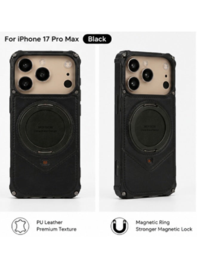 أوتس باسف جراب OATSBASF من الجلد الأسود لهاتف iPhone 17 Pro Max مع مسند حلقي 360 درجة | غطاء حماية فاخر مقاوم للصدمات - Image 1