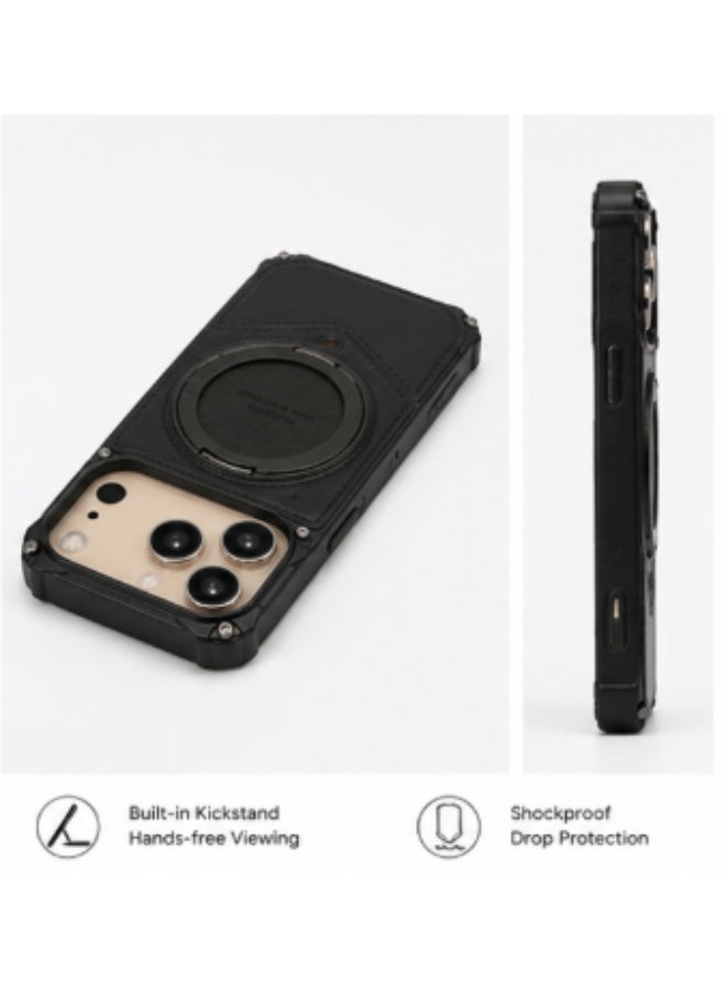 أوتس باسف جراب OATSBASF من الجلد الأسود لهاتف iPhone 17 Pro Max مع مسند حلقي 360 درجة | غطاء حماية فاخر مقاوم للصدمات - Image 2