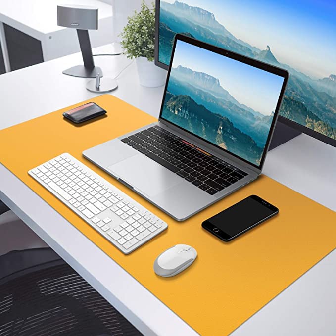 Aropana Vegan Leather Desk Mat | Large Reversible Mouse Pad & Computer Table Protector | Dual-Side Waterproof Extended Laptop Pad with Edge-Stitched Design (80x40 cm, Navy Blue and Yellow) - Image 4