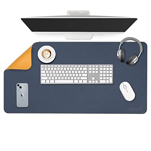 Aropana Vegan Leather Desk Mat | Large Reversible Mouse Pad & Computer Table Protector | Dual-Side Waterproof Extended Laptop Pad with Edge-Stitched Design (80x40 cm, Navy Blue and Yellow) - Image 1