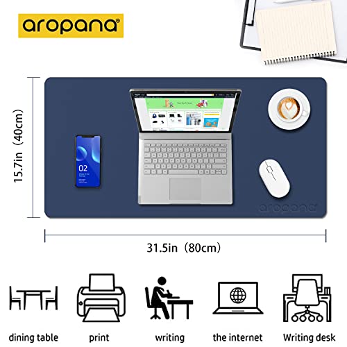Aropana Vegan Leather Desk Mat | Large Reversible Mouse Pad & Computer Table Protector | Dual-Side Waterproof Extended Laptop Pad with Edge-Stitched Design (80x40 cm, Navy Blue and Yellow) - Image 2