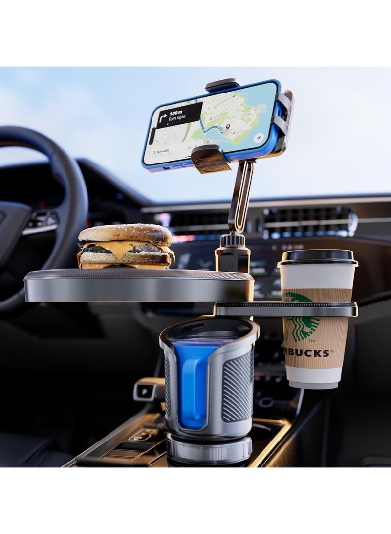 كيلا صينية حامل أكواب السيارة، صينية طاولة طعام قابلة للتعديل 4 في 1، حامل أكواب السيارة الموسع مع حامل هاتف يدور 360 درجة، حامل أكواب مشروبات إضافي، 4 قواعد قابلة للتوسيع للاستقرار، أساسيات الرحلات البرية - Image 1